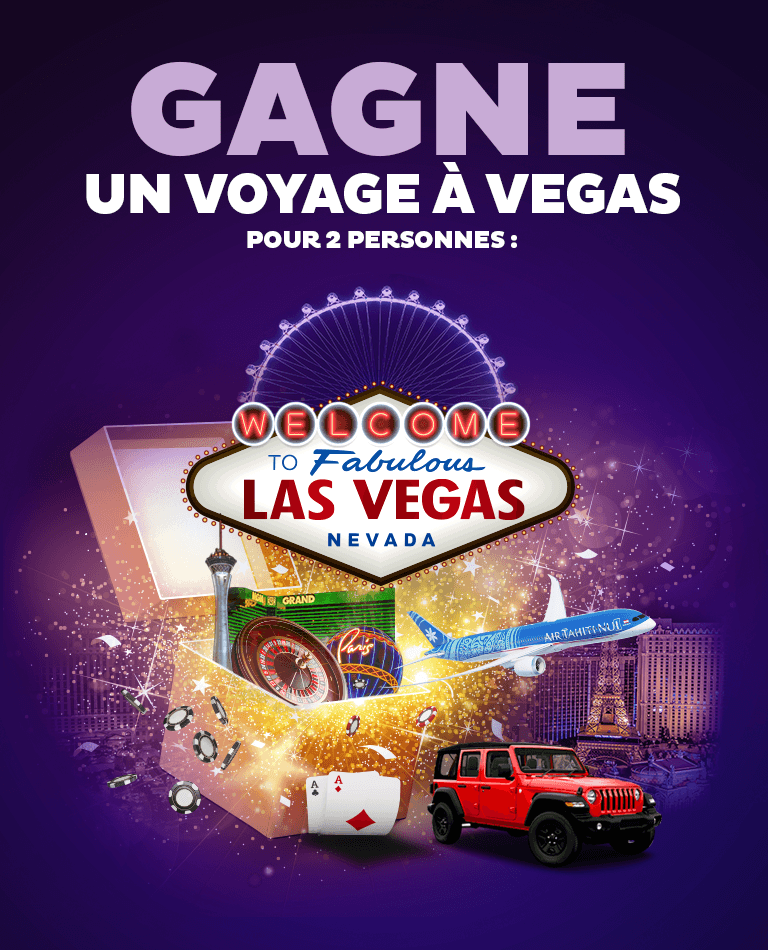 - 4 nuits au MGM Grand Hotel & Casino<br/>
- 2 billets A/R PPT-LAX en classe éco<br/>
- 5 jours en Jeep Wrangler<br/>
- 2 Pass Las Vegas Explorer pour 45 Attractions et Visites