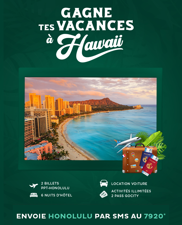 🛩 2 billets Papeete/Honolulu<br />
🏝 6 nuits d'Hôtel sur la plage de Honolulu<br /> 
🚘 Location de voiture<br />
🎢 2 pass 5 jours - activités illimitées parmi 50 attractions<br />
